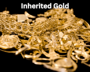 Pile of gold jewelry on black background, with text reading inherited gold