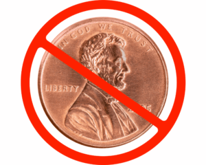 A US penny coin with a red cross through it