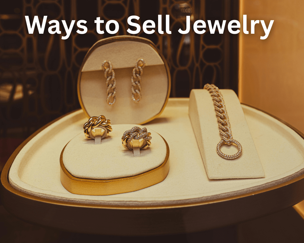 Earrings, necklace and pendant on a display case