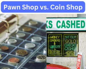 Coins on left and exterior of a pawn shop on right